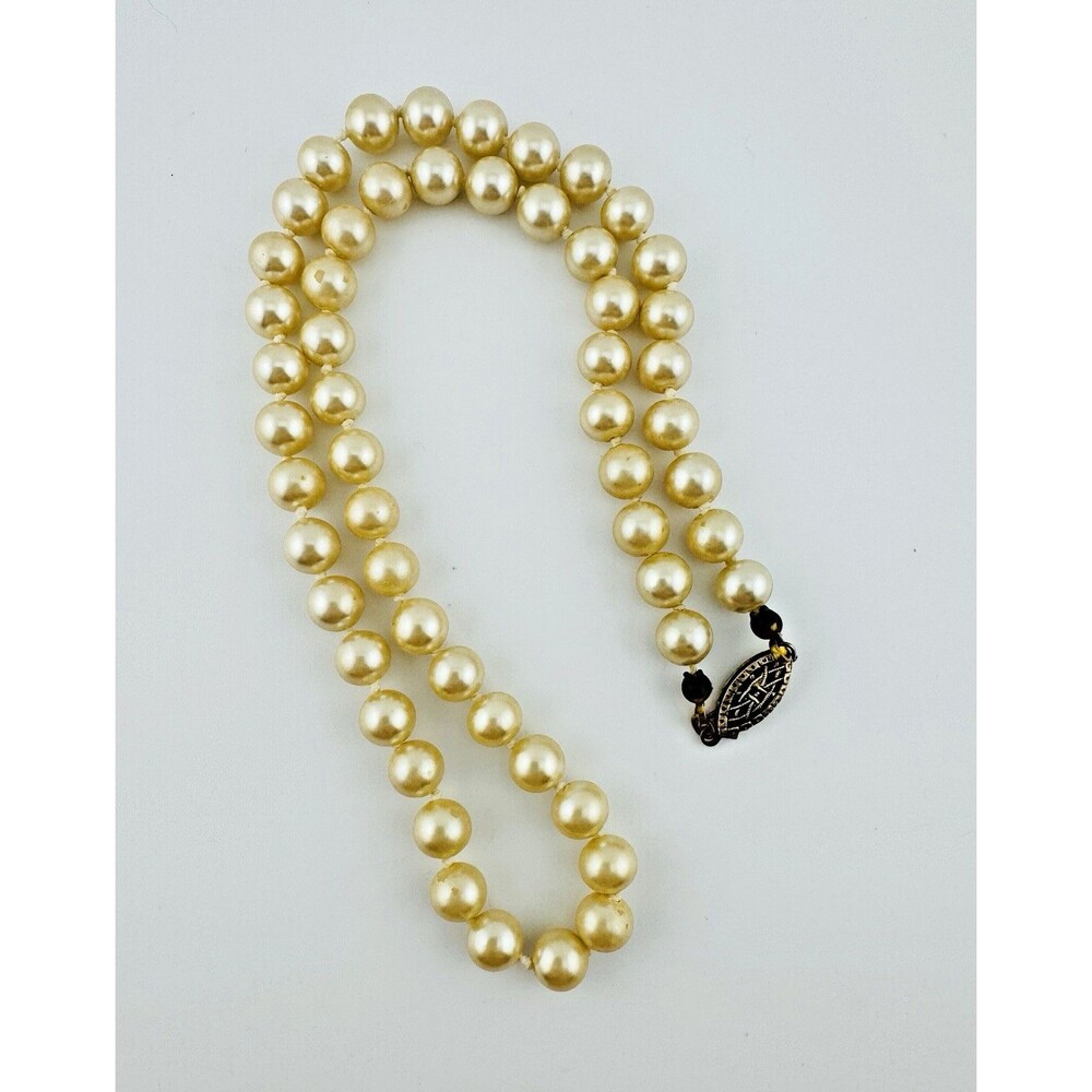 Vintage Faux Pearl Glass Necklace 925 Clasp Hand Knotted Sterling Silver